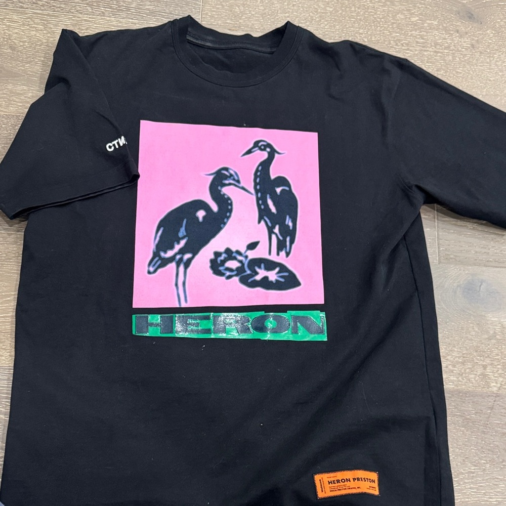 Heron Preston Black Tee with Pink and Green Bird Design